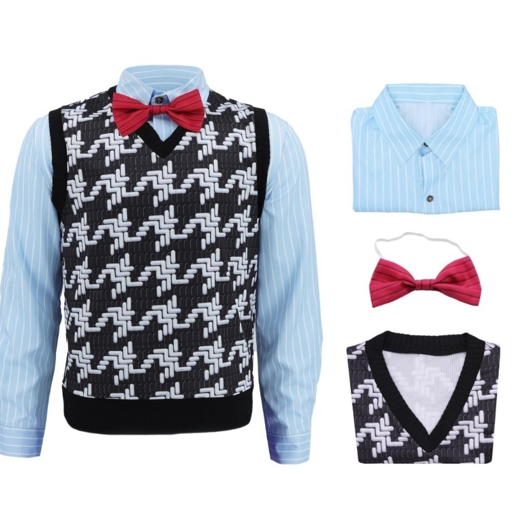 Stylish White & Black Patterned Men's Vest With Shirt with Red Bow Tie -COSTUME